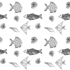 Pattern with different fish and shells on a white background. Sea set in graphic style on a white background.