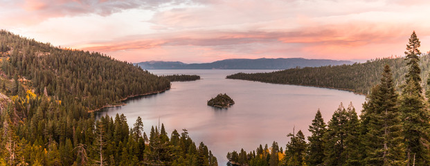 Panoramic sunset view over Fannette Island at Emerald Bay in Lake Tahoe