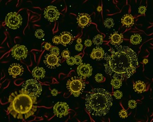 green and yellow corona covid viruses floats cgi render 3d