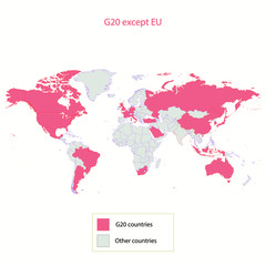 Fototapeta na wymiar Map of G20 Except EU, G20 Map