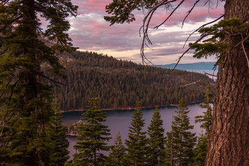Sunset over Emerald Bay seen from Inspiration Point in Lake Tahoe