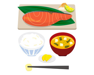 鮭　さけの切り身　サーモン　ベクター　ご飯　朝食　定食　味噌汁