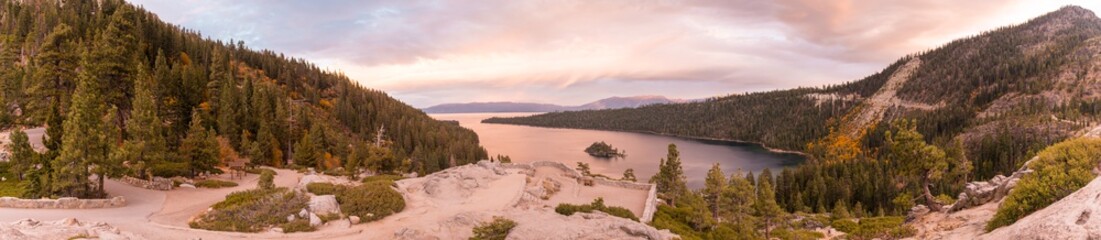 Panoramic sunset view from Emerald Bay State Park Lookout on Lake Tahoe