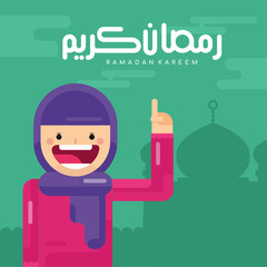ramadan kareem greetings poster with muslim girl character wear hijab in flat design cartoon style. happy holy month of islamic people. for social media content, banner and post.