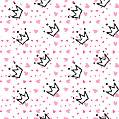 Crown and heart, girly sweet vector seamless pattern. Romantic style, hand drawn elements. Texture, pink, white, black colors. Applicable as endless textile or wrapping paper prints and backgrounds.