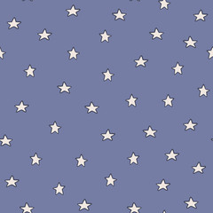 Geometric stars seamless pattern on blue background. Chaotic elements.