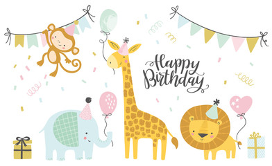 Birthday vector illustrations. Set of cute cartoon jungle birthday animals illustration for greeting, invitation kids birthday card design - obrazy, fototapety, plakaty