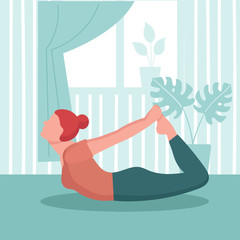 Young woman practices yoga at home. The concept of prevention of coronavirus, isolation and quarantine. Prevention of an epidemic. Stay home and do sports. Flat vector illustration.