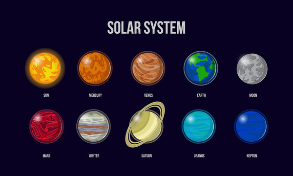 Cartoon solar system planets. Astronomy galaxy space vector isolated icons set