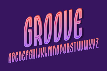 Volumetric alphabet of high pink purple letters with middle groove. 3d display oblique font. Isolated english alphabet.