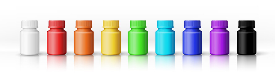 A set of white, red, orange, yellow, green, cyan, blue, violet, black plastic bottles for any paint products. Isolated on a white background. Object, shadow, reflection on separate layers. VectorEPS10