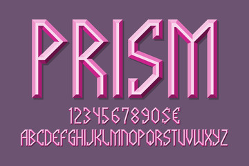 Fototapeta na wymiar Volumetric prismatic alphabet with pink numbers and currency signs. 3d display font.