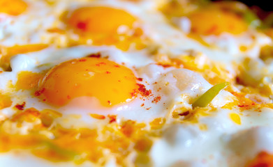 Fried eggs with vegetables and paprika close up