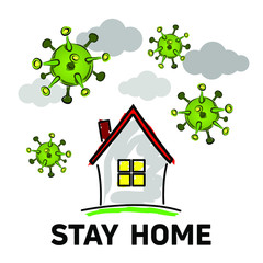 Stay at home flat design. New COVID-19. Cartoon Home and Virus Design. Dangerous coronavirus cell in China. Stop coronavirus, stay home stay safe. Isolated vector illustration.