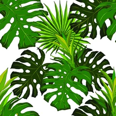 Tuinposter Monstera Modern abstract seamless pattern with watercolor tropical leaves for textile design. Retro summer background. Jungle foliage illustration. Swimwear botanical design. Vintage exotic print. Vector.