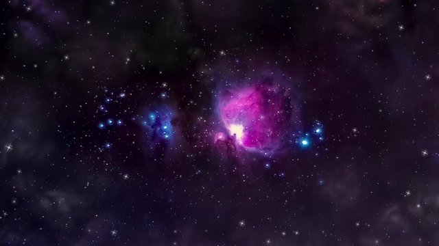 Orion Nebula Zoom Animation. view moves in closer towards the Orion nebula in space