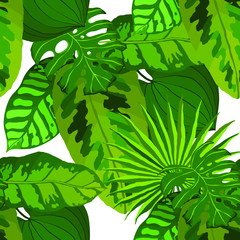 Modern abstract seamless pattern with watercolor tropical leaves for textile design. Retro summer background. Jungle foliage illustration. Swimwear botanical design. Vintage exotic print. Vector.
