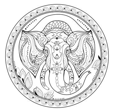 Beautiful round plate with Indian decoration. Medallion with fantastic elephant. Black and white page for coloring book. Modern print for coins, fashion, embroidery, decoration, tattoo. Vector image.