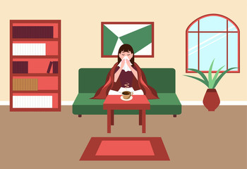 Fototapeta na wymiar Girl with a handkerchief, sick with the flu, is sitting on the sofa in the room, opposite the table with a Cup of hot tea. Fever and cough, sore throat. The idea of medical treatment and healthcare.