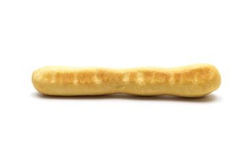 Single of Rustic grissini bread sticks. Crispy straw biscuit isolated on white background.