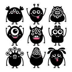 Monster set. Happy Halloween. Cute kawaii cartoon black scary funny character icon. Eyes, horns, tongue, hands, fang teeth . Funny baby collection. Isolated. White background Flat design.