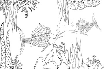 Marlin fish. Vector illustration of sea animals. oloring book.