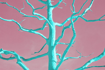 Dead neo mint tree in duotone pop-art style on pink background. Pop art template. Nature and futuristic abstract backdrop. Creative neon pastel colour
