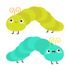Caterpillar set. Insect icon. Cute crawling catapillar bug. Cartoon funny kawaii baby animal character. Smiling face. Colorful bright green blue color. Flat design. White background. Isolated.