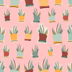 Colorful hand-drawn pots in vector seamless pattern. Contemporary bright cozy  background with trendy colors