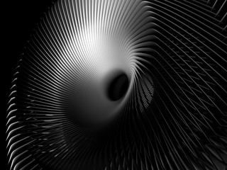Fototapeta 3d render of abstract art black and white industrial 3d background with part of surreal turbine jet engine with sharp aluminum metal blades and black hole in the centre, in the dark obraz