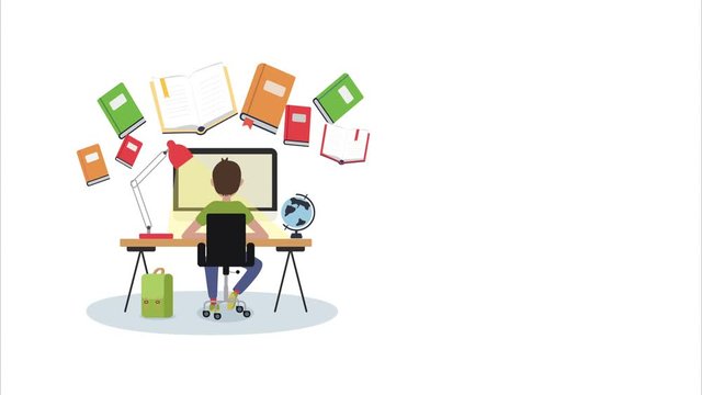 Seamless footage of distance online education concept. A schoolboy student studies at home. The pupil doing his homework at the desktop computer surrounded by hovering books