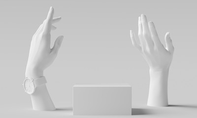 Elegant female hand gesture white sculpture, woman accessories art jewelry background, mannequin hands and product display podium, 3d rendering