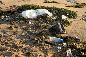 Plastic pollution, rubbish garbage on the beach