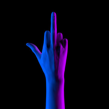 Fuck you hand sign. Bad girl gesture neon gradient colors isolated on black, creative art protest banner, 3d rendering