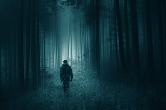 Man walking alone in magical dark turquoise green colored foggy artistic forest landscape.