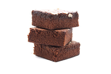 Pile of Chocolate brownie with sliced almond nuts toppings isolated on white background.