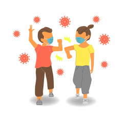 two friends wearing face mask and  do elbow bumbs with virus around them. flat design illustration show greeting without handshake during Coronavirus spreading to decrease virus transmission 