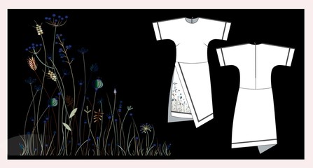 Wild flowers and grass in the field at night, embroidery dress design vector. Тechnical clothing sketch.