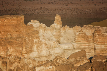 Beautiful cliffs in the canyon of the Ustyurt plateau at sunset, Uzbekistan