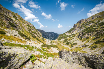Beautiful mountain scenery in a sunny summer day. Rila mountain, Bulgaria. Hiking/ trekking concept.