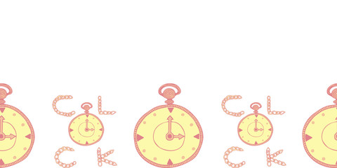 Seamless banner with clocks in hand drawn style.