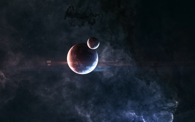 Planets on background of nebulae in red and blue light somewhere in deep space. Science fiction. Elements of this image furnished by NASA