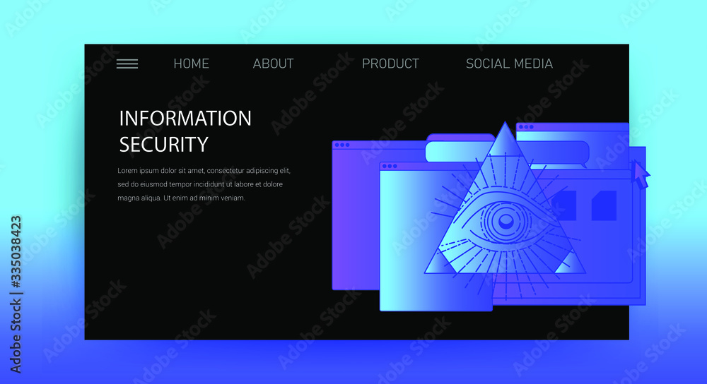 Poster Web template for Information Security site. Landing page design with user interface elements.
