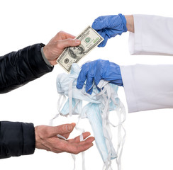 Doctor in gloves and mask selling blue medical masks for 100 dollars to a man over white background