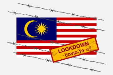 Malaysia flag with signboard lockdown warning security due to coronavirus crisis covid-19 disease design with barb wired isolate vector