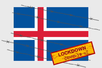 Iceland flag with signboard lockdown warning security due to coronavirus crisis covid-19 disease design with barb wired isolate vector