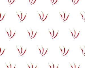 Pepper seamless pattern. Chilli texture isolated on the white backdrop. Background of cayenne pepper. Eco friendly natural product. Food theme. Healthy nutrition.