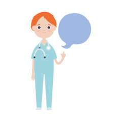 cute doctor standing with speech bubble icon, flat style