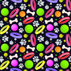 Pet Shop vector seamless pattern on black background; pets stuff for fabric, wrapping paper, wallpaper, textile, web design.