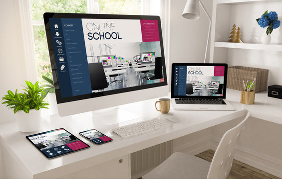 home office desktop showing online school website